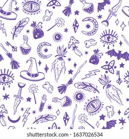 Witchcraft items on a white background. Ink doodle illustration. Seamless pattern