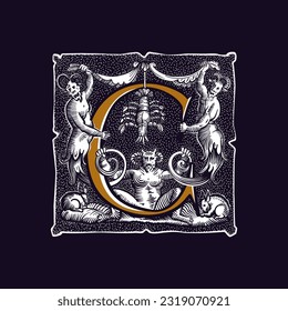 Witchcraft letter C logo. Gothic medieval initial. Devil, cancer and ghosts in hell. Engraving drop cap with dots pattern. Alchemy font for Halloween invitations, pagan music, black magic labels.