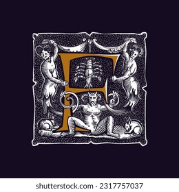 Witchcraft letter F logo. Gothic medieval initial. Devil, cancer and ghosts in hell. Engraving drop cap with dots pattern. Alchemy font for Halloween invitations, pagan music, black magic labels.