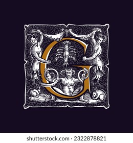 Witchcraft letter G logo. Gothic medieval initial. Devil, cancer and ghosts in hell. Engraving drop cap with dots pattern. Alchemy font for Halloween invitations, pagan music, black magic labels.