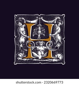 Witchcraft letter H logo. Gothic medieval initial. Devil, cancer and ghosts in hell. Engraving drop cap with dots pattern. Alchemy font for Halloween invitations, pagan music, black magic labels.