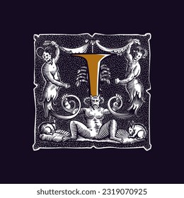 Witchcraft letter I logo. Gothic medieval initial. Devil, cancer and ghosts in hell. Engraving drop cap with dots pattern. Alchemy font for Halloween invitations, pagan music, black magic labels.