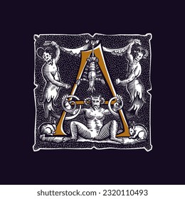 Witchcraft letter A logo. Gothic medieval initial. Devil, cancer and ghosts in hell. Engraving drop cap with dots pattern. Alchemy font for Halloween invitations, pagan music, black magic labels.