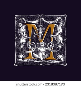 Witchcraft letter M logo. Gothic medieval initial. Devil, cancer and ghosts in hell. Engraving drop cap with dots pattern. Alchemy font for Halloween invitations, pagan music, black magic labels.