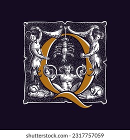 Witchcraft letter Q logo. Gothic medieval initial. Devil, cancer and ghosts in hell. Engraving drop cap with dots pattern. Alchemy font for Halloween invitations, pagan music, black magic labels.