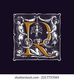 Witchcraft letter R logo. Gothic medieval initial. Devil, cancer and ghosts in hell. Engraving drop cap with dots pattern. Alchemy font for Halloween invitations, pagan music, black magic labels.