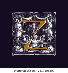 Witchcraft letter Z logo. Gothic medieval initial. Devil, cancer and ghosts in hell. Engraving drop cap with dots pattern. Alchemy font for Halloween invitations, pagan music, black magic labels.