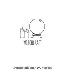 Witchcraft logo. Magic crystal ball for divination. A magic prediction ball with magic candles and things around it.
