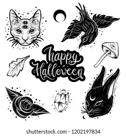 Witchcraft, magic atributes collection. Halloween elements set.