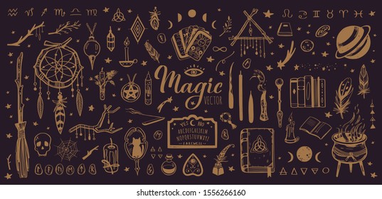 Witchcraft  magic background for witches   wizards  Wicca   pagan tradition  Vector vintage collection  Hand drawn elements: candles  book shadows  potion  tarot cards etc 