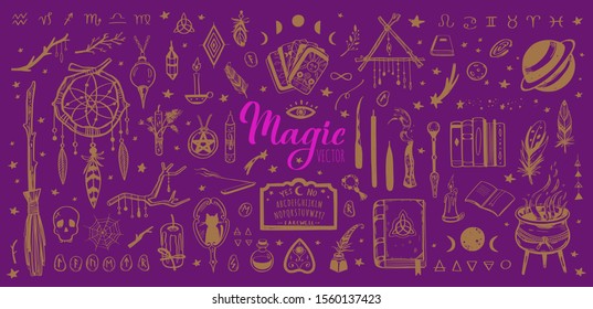 Witchcraft, magic background for witches and wizards. Wicca and pagan tradition. Vector vintage collection. Hand drawn elements: candles, book of shadows, potion, tarot cards etc.