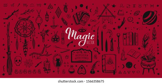 Witchcraft, magic background for witches and wizards. Wicca and pagan tradition. Vector vintage collection. Hand drawn elements: candles, book of shadows, potion, tarot cards etc.