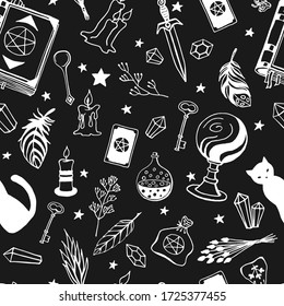 Witchcraft, magic background for witches and wizards. Vector seamless pattern in vintage style. Hand drawn magic tools, concept of witchcraft.