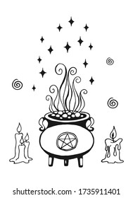 Hexerei, magischer Hintergrund für Hexen und Zauberer. Vector Vintage Sammlung. Handgezeichnete magische Werkzeuge, Konzept der Hexerei. Zauberwerkzeuge zeichnen: Kerzen, Kessel.