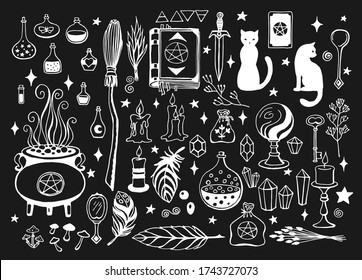 Brujería, fondo mágico para brujas y magos. Colección vectorial vintage. Herramientas mágicas dibujadas a mano, concepto de brujería. Herramientas mágicas dibujadas: libro, velas, pociones, escoba, cristales, caldero.