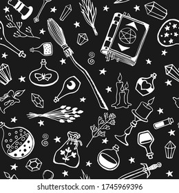 Witchcraft, magic background for witches and wizards. Vector seamless pattern in vintage style. Hand drawn magic tools, concept of witchcraft.