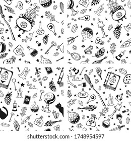 Witchcraft, magic background for witches and wizards. Vector seamless pattern in vintage style. Hand drawn magic tools, concept of witchcraft.