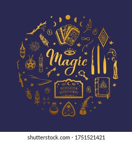 Witchcraft, magic background for witches and wizards. Wicca and pagan tradition. Vector vintage collection. Hand drawn elements: candles, book of shadows, potion, tarot cards etc.