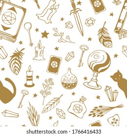 Witchcraft, magic background for witches and wizards. Vector seamless pattern in vintage style. Hand drawn magic tools, concept of witchcraft.