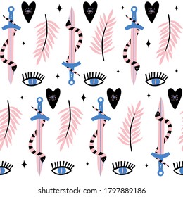 Witchcraft, magic background for witches and wizards. Magic seamless pattern. Vector holiday illustration for Day of the dead or Halloween. 