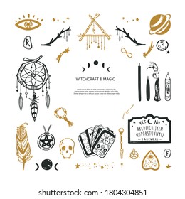 Witchcraft, magic background for witches and wizards. Wicca and pagan tradition. Vector vintage collection. Hand drawn elements: candles, book of shadows, potion, tarot cards etc.