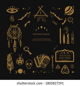 Witchcraft, magic background for witches and wizards. Wicca and pagan tradition. Vector vintage collection. Hand drawn elements: candles, book of shadows, potion, tarot cards etc.