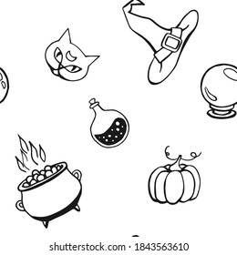 Witchcraft, magic background for witches and wizards. Vector seamless pattern in vintage style. Hand drawn magic tools, concept of witchcraft.