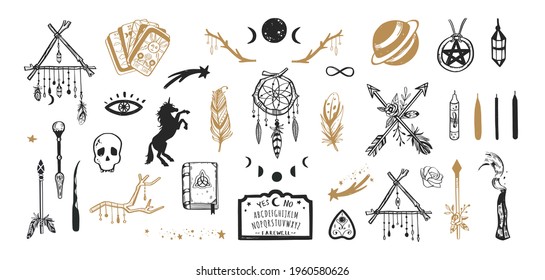 Witchcraft, magic background for witches and wizards. Wicca and pagan tradition. Vector vintage collection. Hand drawn elements: candles, book of shadows, potion, tarot cards etc.