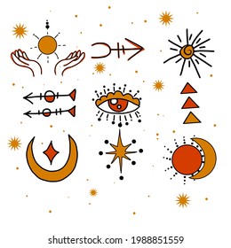 Brujería, fondo mágico para brujas y magos. Wicca y tradición pagana. Conjunto de elementos de diseño mágico de bruja vectorial. Dibujo a mano, garabato, boceto de colección de magos.