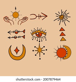Witchcraft, magic background for witches and wizards. Wicca and pagan tradition. Vector witch magic design elements set. Hand drawn, doodle, sketch magician collection.
