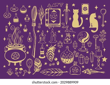 Witchcraft, magic background for witches and wizards. Vector vintage collection. Hand drawn magic tools, concept of witchcraft. Drawn magic tools: book, candles, potions, broom, crystals, cauldron.