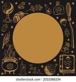Witchcraft, magic background for witches and wizards. Hand drawn magic tools, concept of witchcraft.