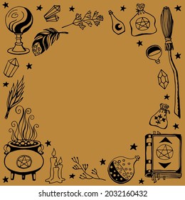 Witchcraft, magic background for witches and wizards. Hand drawn magic tools, concept of witchcraft.