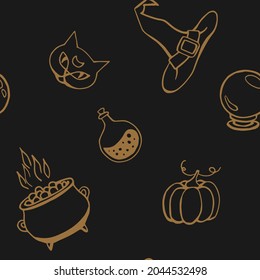 Brujería, fondo mágico para brujas y magos. Patrón de vectores sin fisuras en estilo vintage. Herramientas mágicas dibujadas a mano, concepto de brujería.