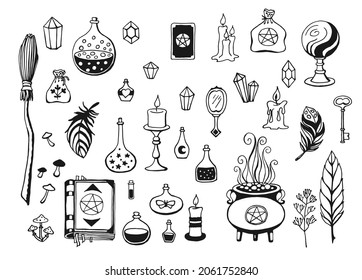 Witchcraft, magic background for witches and wizards. Vector vintage collection. Hand drawn magic tools, concept of witchcraft. Drawn magic tools: book, candles, potions, broom, crystals, cauldron.