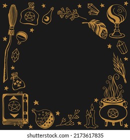 Brujería, fondo mágico para brujas y magos. Herramientas mágicas dibujadas a mano, concepto de brujería.