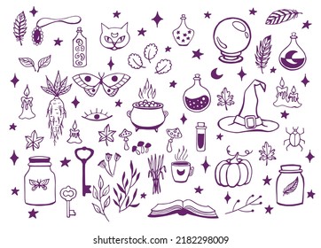 Witchcraft, magic background for witches and wizards. Vector vintage collection. Hand drawn magic tools, concept of witchcraft. 