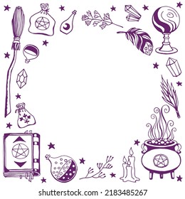 Brujería, fondo mágico para brujas y magos. Herramientas mágicas dibujadas a mano, concepto de brujería.