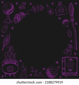 Witchcraft, magic background for witches and wizards. Hand drawn magic tools, concept of witchcraft.