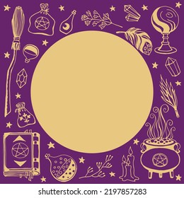 Brujería, fondo mágico para brujas y magos. Herramientas mágicas dibujadas a mano, concepto de brujería.