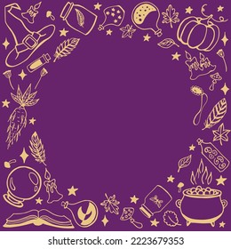 Brujería, fondo mágico para brujas y magos. Herramientas mágicas dibujadas a mano, concepto de brujería.