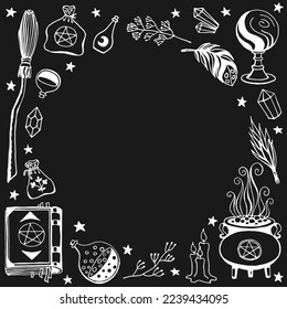 Witchcraft, magic background for witches and wizards. Hand drawn magic tools, concept of witchcraft.