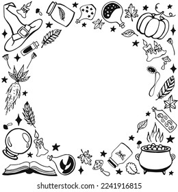 Witchcraft, magic background for witches and wizards. Hand drawn magic tools, concept of witchcraft.