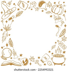 Witchcraft, magic background for witches and wizards. Hand drawn magic tools, concept of witchcraft.