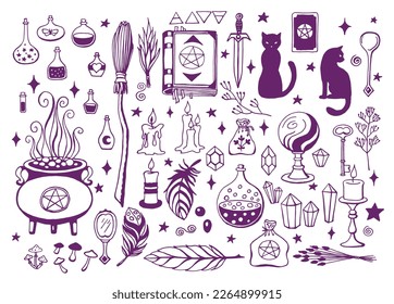 Witchcraft, magic background for witches and wizards. Vector vintage collection. Hand drawn magic tools, concept of witchcraft. Drawn magic tools: book, candles, potions, broom, crystals, cauldron.