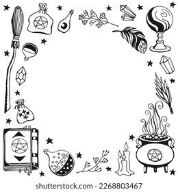 Brujería, fondo mágico para brujas y magos. Herramientas mágicas dibujadas a mano, concepto de brujería.