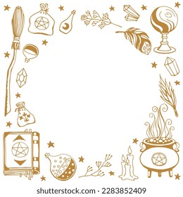 Witchcraft, magic background for witches and wizards. Hand drawn magic tools, concept of witchcraft.