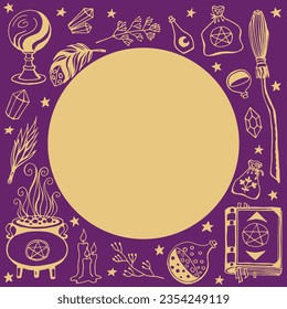 Brujería, fondo mágico para brujas y magos. Herramientas mágicas dibujadas a mano, concepto de brujería.
