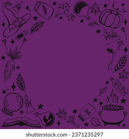 Brujería, fondo mágico para brujas y magos. Herramientas mágicas dibujadas a mano, concepto de brujería.