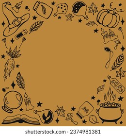 Witchcraft, magic background for witches and wizards. Hand drawn magic tools, concept of witchcraft.